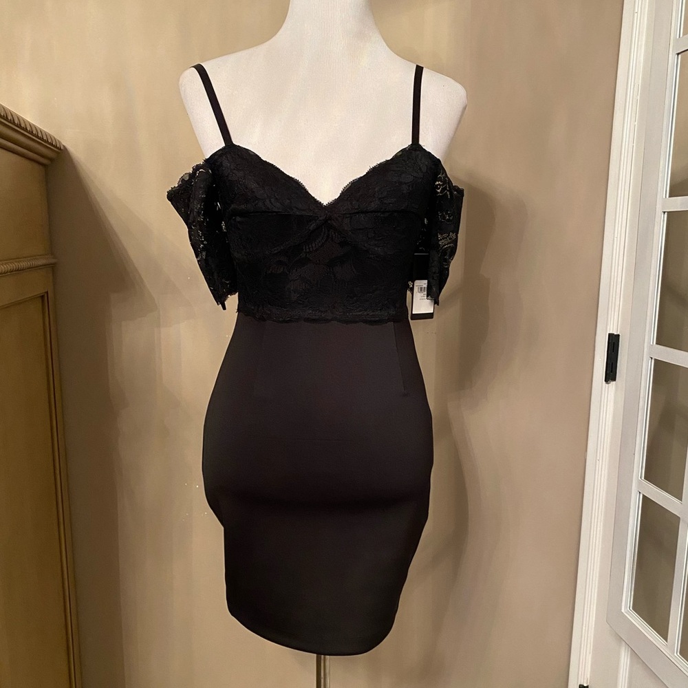 NWT! Guess little black dress. Lace bust off the shoulder sleeves XS